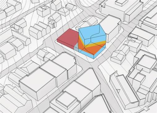 Massing diagram: Program, identifying the restaurant and administrative spaces sandwiched between the two new galleries, and the education spaces housed in the existing art center structure.