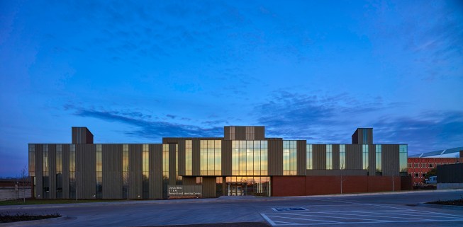 East elevation at sunrise.