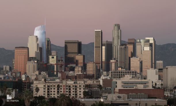 The tower (left) will rise higher than the 1989 U.S. Bank Tower (right), designed by Pei Cobb Freed & Partners.