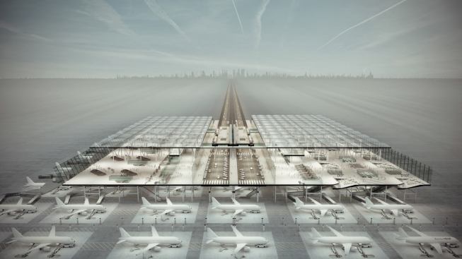 A section through the proposed airport, showing passenger arrival halls at left, departure mall at right, with airplane services beneath.