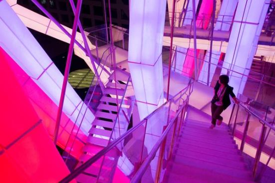 Staircases+continue+up+and+inside+the+installation+by+Woods.