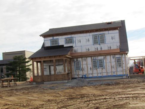 Seen from the rear, the home is completely framed and sheathed.