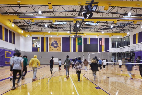 Highline school colors are integrated throughout, instilling Highline Pirate pride. The gym is adorned with remnants of the historic maple flooring illustrating the pirate mascot.