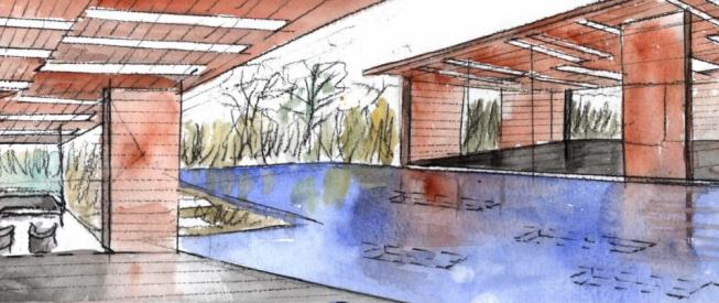 Watercolor of connective water feature that ties the gallery to the surrounding landscape.