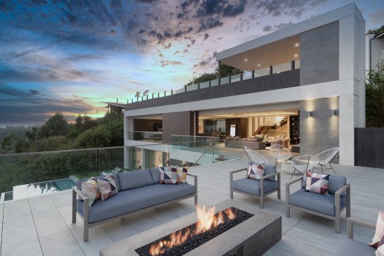 Los Tilos modern home infinity pool and guest room sunning terrace.