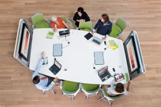 Steelcase launched a set of collaborative solutions in 2009, including Media:Scape (shown), C:Scape, i2i, and Cobi. The products were designed to help people connect with each other and technology in a team-focused environment.