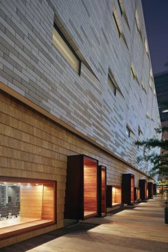 At ground level, wood cladding softens the building's exterior.