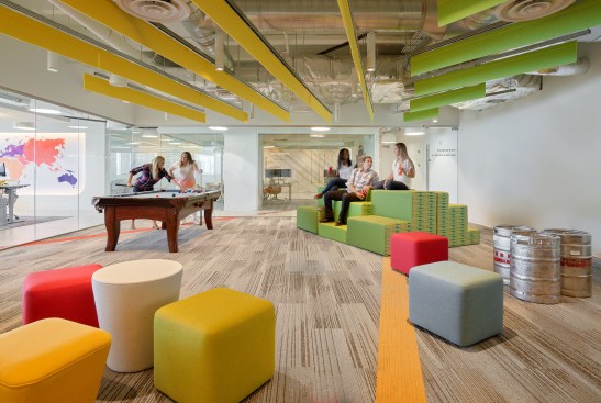 The space is bright and colorful with ample lounge areas where staff can interact and unwind.