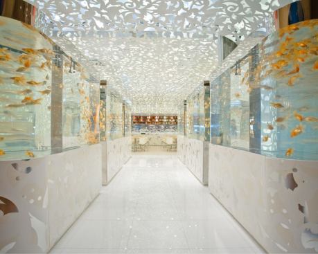 One enters through a colonnade of fish tanks filled with brightly colored fish. Using halogen PAR20 surface-mounted track heads hidden behind the metal grill in the ceiling enhances the colors.