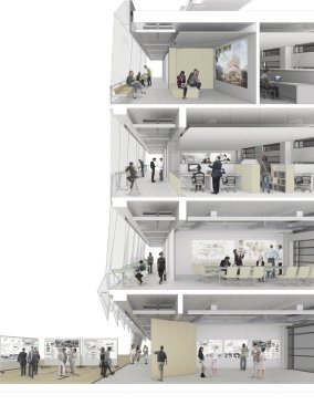 Section perspective through building envelope.