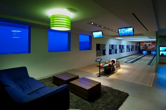 Beverly Hills modern house lower level home bowling alley and game room.