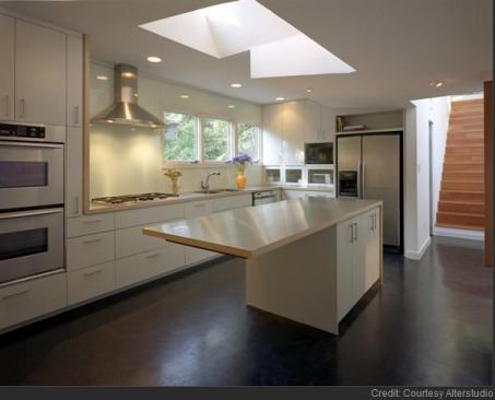 In this all-white kitchen, the cooktop’s backsplash is a simple sheet of glass painted white that’s easy to clean (the painted side faces the wall). Location: Austin Texas, Architect: Alterstudio Architects. Builder: Melde Specialty Construction.