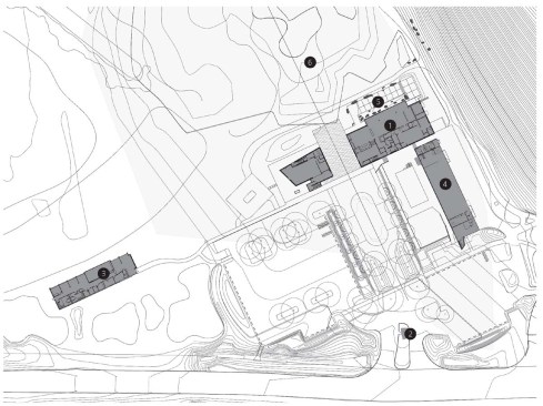 Site plan 1. Blessings Clubhouse 2. gatehouse 3. University of Arkansas facility 4. golf cart storage 5. Zen garden 6. archaeological preservation zone