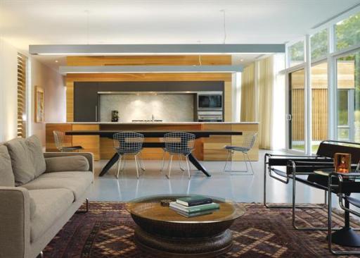 Kitchen, dining, and living spaces share a simple bar-like volume. 