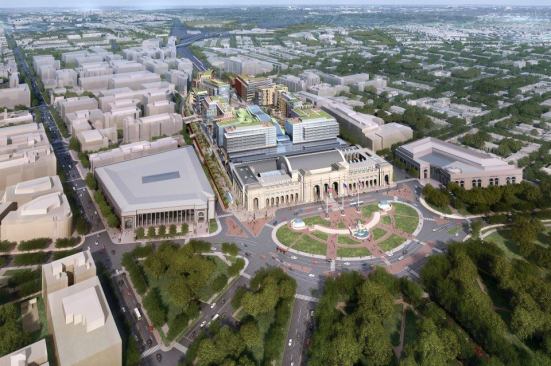 This aerial view shows the air rights development, historic station and the new HOK-designed train shed from the southwest. Designed by Daniel Burnham and opened in 1907, Union Station has become one of the country’s busiest multimodal transportation hubs.