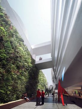 The third-floor sculpture terrace will feature a green wall with native plant species.