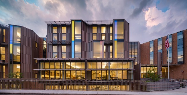 South façade scientific glass transforms with the light