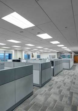 The open office areas showcase ROCKFON Sonar stone wool 2-by-8-foot ceiling panels with an exposed grid in a staggered pattern for visual
interest and to easily accommodate the recessed lighting.