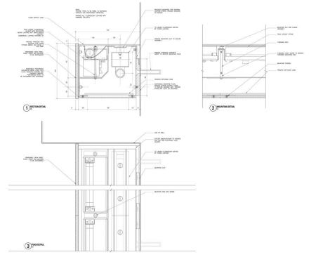 Lighting and mounting details of the custom linear fluorescent luminaire.
