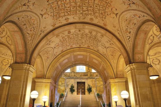 The main entrance hall of the Boston Public Library is finished with mosaic tile, which covers the Guastavino vault.