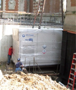 Heating and cooling of the building are aided by five geothermal wells placed near the building perimeter. In tandem with six 28-ton, water-to-water heat pumps, they provide heated or chilled water for heating and cooling. A fuel cell supplies at least half of the energy needs of the Lion House.