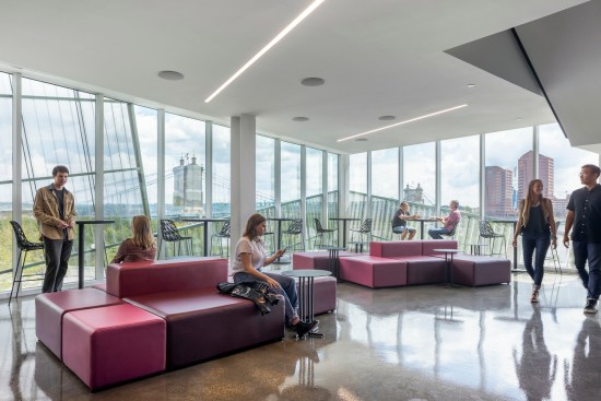 The venue offers sweeping views of the Banks and the Ohio River, and the Roebling Bridge.