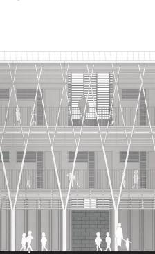 The support structure for the balconies mimics the branching of trees.