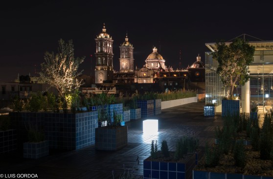 Rooftop view at night.
