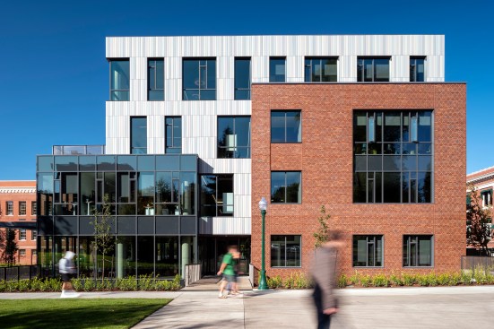 With an economically compact footprint, the building is conceptually organized into 3 interlocking forms with material palette related to internal program and spatial character while creating an optimized high-performance façade system. UO Tykeson Hall, OFFICE 52 Architecture, Design Architect.