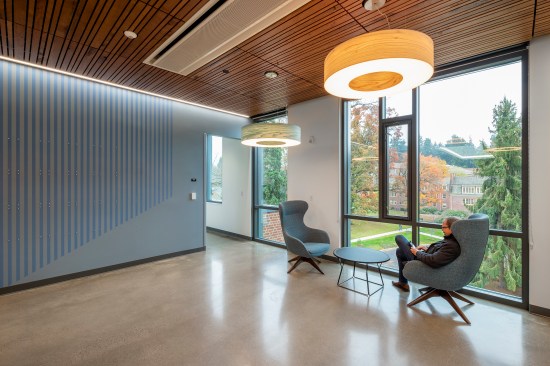 Abundant daylight illuminates all work spaces with locally made high-performance glazing, and floor-to-ceiling windows at the end of all circulation corridors provide an even and soft quality of natural lighting while featuring views of the landscape. UO Tykeson Hall, OFFICE 52 Architecture, Design Architect.