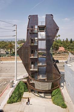 The rings, which form the Samitaur Tower's floor plates, are cantilevered off of steel beams.