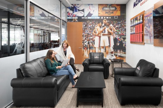 Adjacent to the study area, a private recruiting lounge provides a quiet space for students and their parents to consider whether to become a Zag.