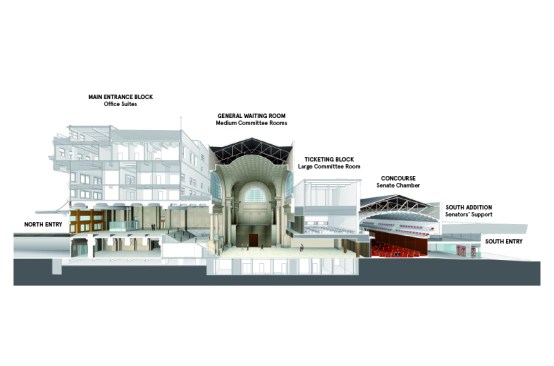 The former train station consists of four distinct building forms.