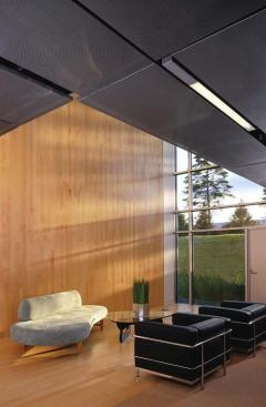 Double-height glazing facing west dramatically illuminates a small seating area outside the conference room-a strategic choice made for aesthetic effect. Although inconsistent with the design's more energy efficient features, the architects found that careful implementation of such anomalies had a negligible impact on the overall energy use of the building.