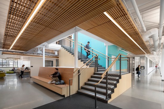 New skylight and built-in benches activate the central stairs.