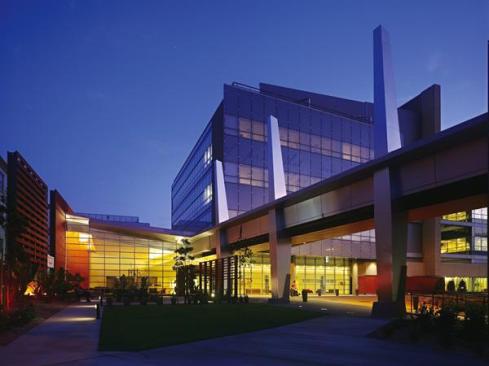 The main entry to the building features a gridded curtain wall system with clear vision glass that offers complete transparency into the hospital?s asymmetrical lobby. Terra Cotta Fa?ade: Moeding; Alphaton clay tile fa?ade in natural red; moeding.de - Metal panels: Centria; Metal wall system in Silver Gray; centria.com - Uplights: Hydrel; In-grade uplights; hydrel.com