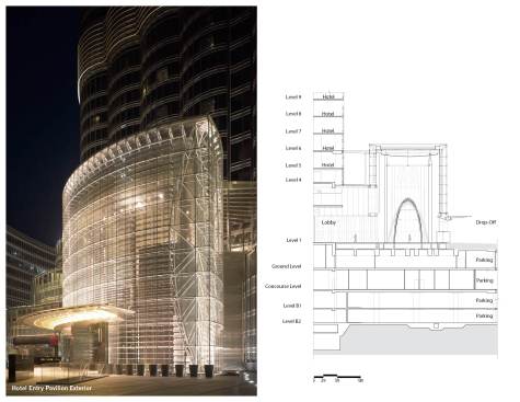 Hotel entry pavilion exterior, night; section through entry pavilion