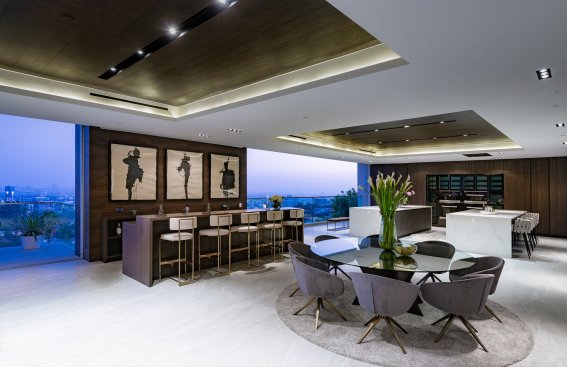 Entertainment terrace at indoor outdoor Hollywood Hills modern home.