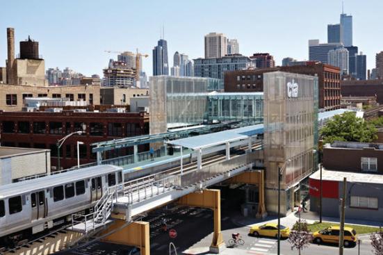 The+new+CTA+station+at+Morgan+and+Lake+features+two+stair+towers+flanking+the+elevated+rail+line.