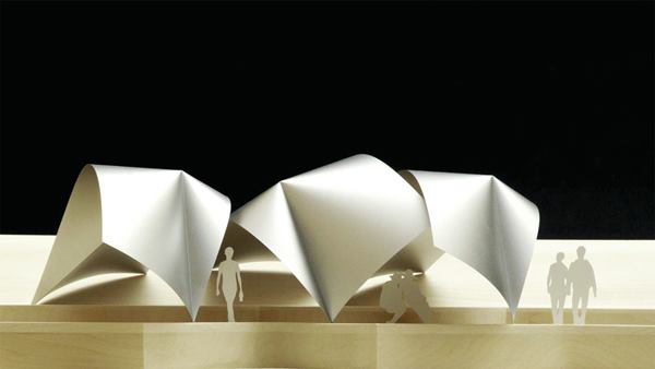 The largest application that Patkau Architects envisions for One Fold thus far is a hillside pavilion made of three freestanding units.