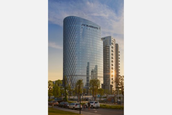 Hotel and residential towers at sunset