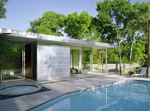 CHDA 2008 – Accessory Building / Merit Award  Architect: Steinbomer & Associates Architects, Austin, Texas; Builder: MG Construction Works, Austin   Packing an oversized programmatic wallop, this 620-square-foot pavilion serves as the owners' pool house, guest house, office, ancillary art gallery (they're art dealers), retreat, and entertainment space. And if that weren't enough, the pavilion also improves the view from the great room of their 1950s ranch house.