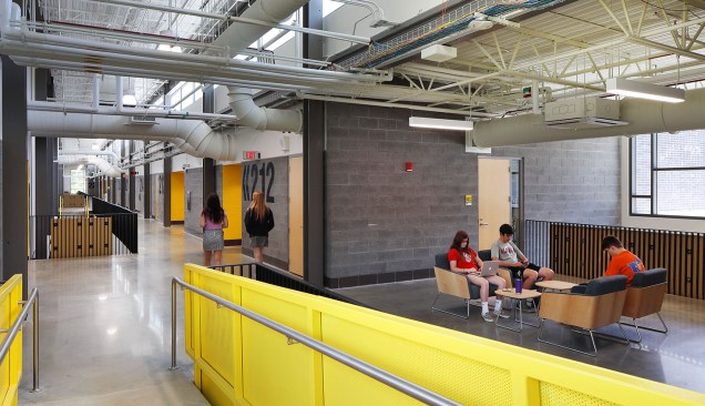 Mechanical and structural systems are on display throughout the facility, transforming the entire school into a learning tool for the construction and engineering trades. 