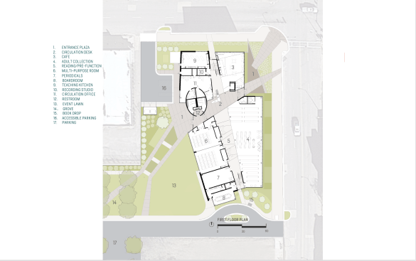 The library has two primary entrances connecting Main Street’s intersection through the building to parking on the west. The plan parti creates a pedestrian intersection at the circulation desk as an internal street lit from above.