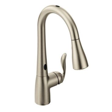 MotionSense uses advanced sensors incorporated into an elegant design to detect movement in two zones. As a result, waving your hand or placing a cup beneath the spout activates water flow. Shown here on an Arbor faucet, the system is powered by a battery pack that utilizes six standard AA batteries or an optional AC power adapter. www.moen.com.
