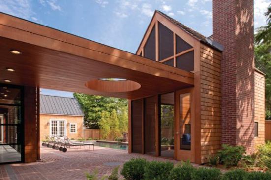 This covered walkway’s warm wood complements the main home’s cedar shingles and is extended onto the adjoining outbuilding’s façade, which connects the two structures without disrupting the original historic structure. Project: 308 Mulberry, Lewes, Del.; Architect: Robert M. Gurney, Washington, D.C.; Builder: Ilex Construction, Easton, Md.
