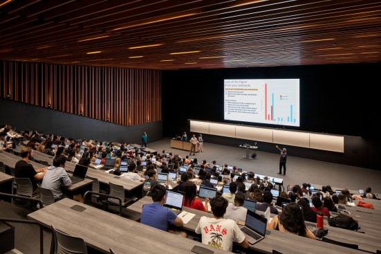 The auditorium was crafted simply and elegantly by local tradespeople using regional wood species. Modular, offsite fabrication helped achieve technical accuracy as well as cost and schedule efficiencies.