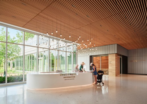 The information desk at the Jack C. Taylor Visitor Center draws inspiration from river rocks.