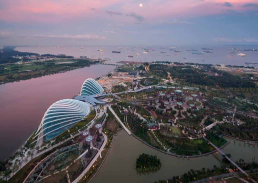 Aerial view of the 54-hectare Bay South Garden (part of the Gardens by the Bay project) in Singapore.