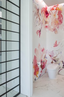 Serenity Indian Wells luxury modern home bathroom with floral wall art mural